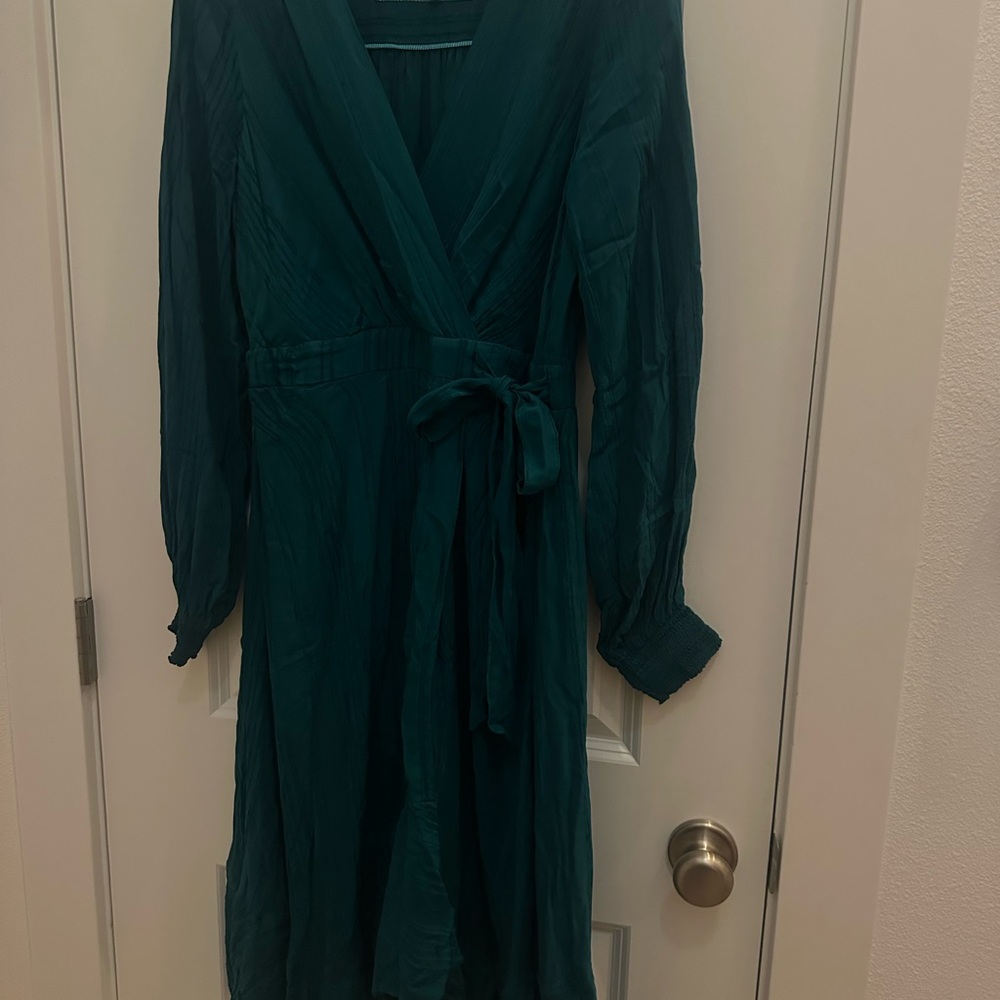 Anthropologie Teal Green Wrap Gown with Bishop Sleeves